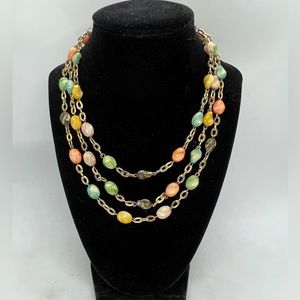 Vintage Long Fashion Necklace Multicolored Beads and Gold Tone Chain.